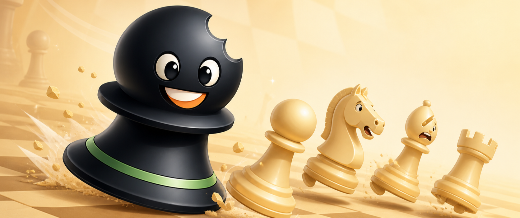 The Eat Chess mascot, a black chess pawn with a bite mark and a green ring, chasing a row of cream chess pieces across a chessboard
