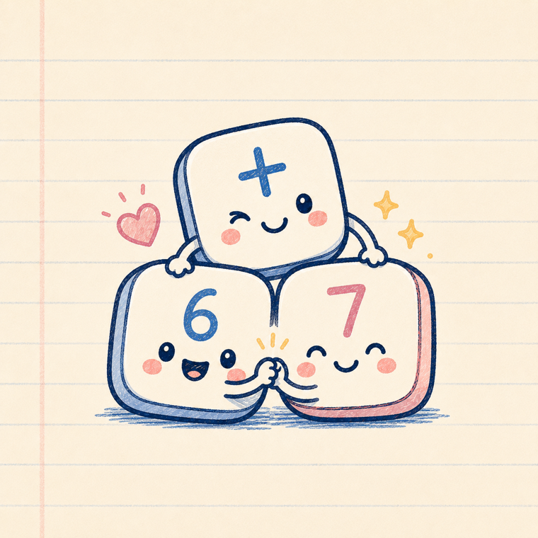 Three number-tile characters, a plus, a six, and a seven, leaning on each other in a friendly stack on notebook paper