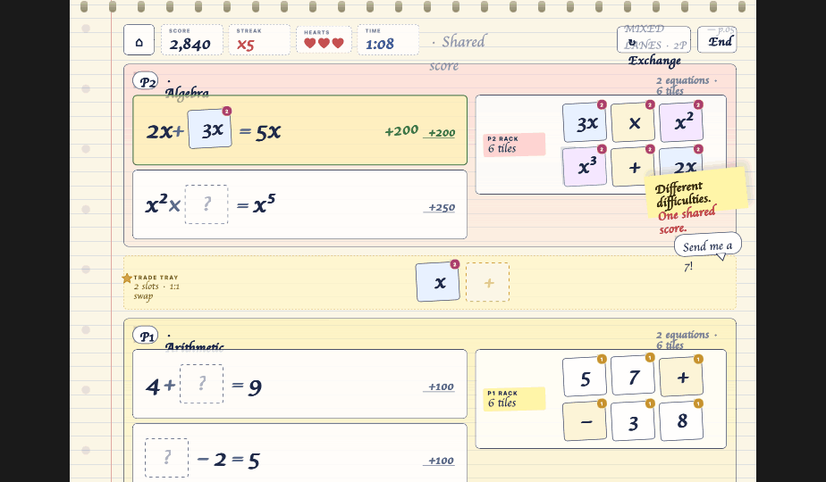 Mixed-level lanes screenshot with algebra in one lane, arithmetic in another, and one shared score