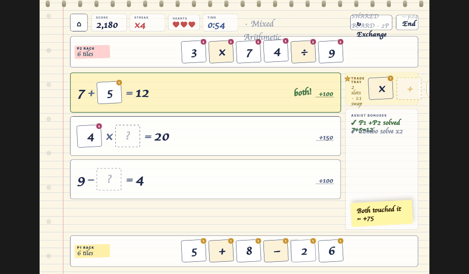 Two-player shared board screenshot with equations, tile racks, a trade tray, and assist bonuses