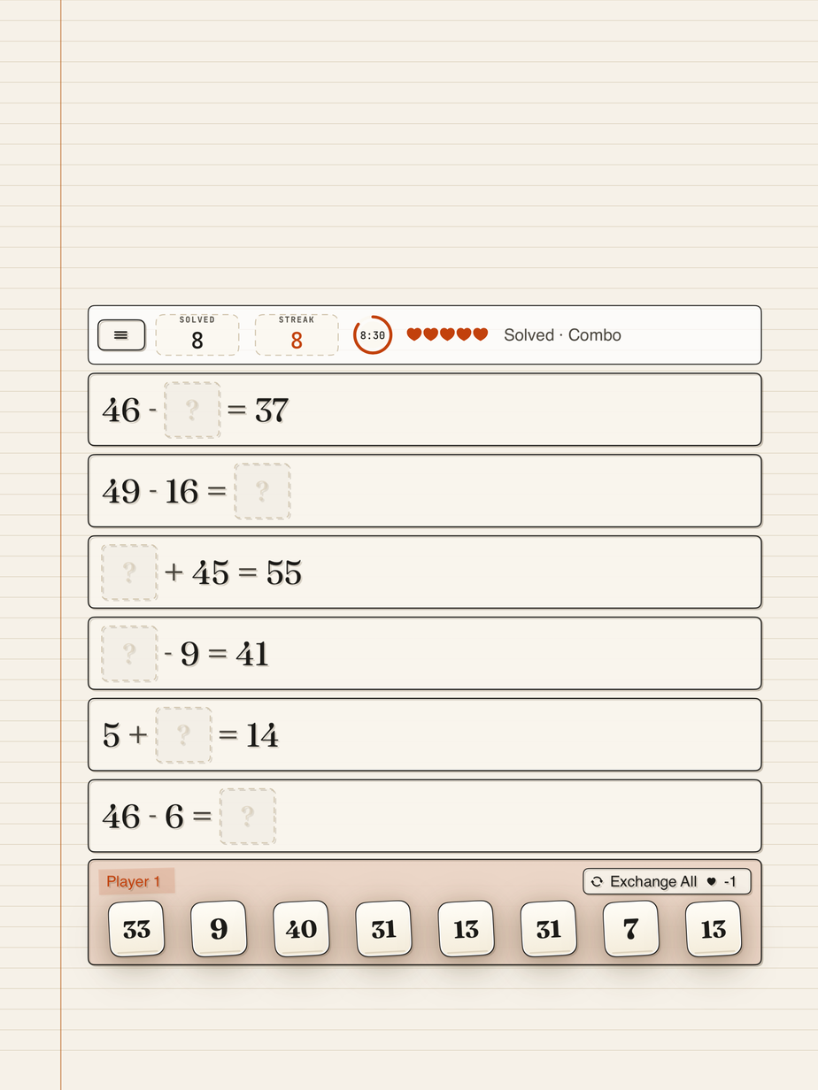 Board Solo on iPad with addition and subtraction equations after eight solves