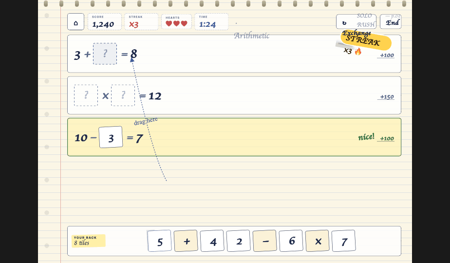 Solo Rush screenshot with equations, a timer, hearts, and a rack of number and operator tiles
