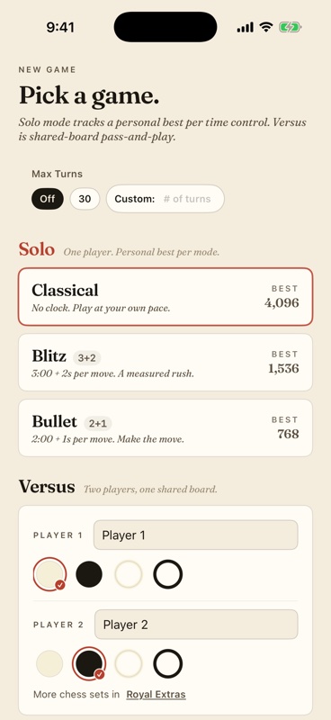 iPhone screenshot of the New Game picker showing Solo and Versus options with personal bests and a two-player chess set picker