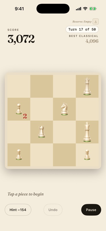 iPhone screenshot of a Royal Merge Solo run on a 4x4 board with the score and Hint button visible