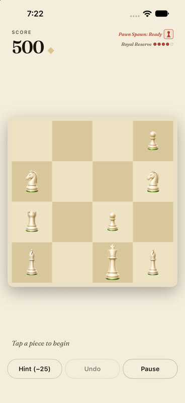 Royal Merge Solo on iPhone at 500 points, with a King on the board