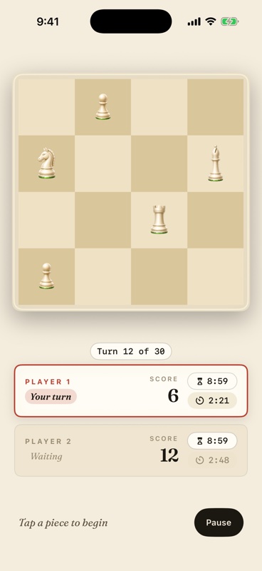 iPhone screenshot of a Royal Merge Versus match on a shared 4x4 board with two player clocks