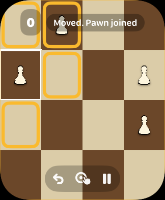 Apple Watch screenshot of Royal Merge gameplay showing pawns on a 4x4 board, legal move highlights, and the move controls