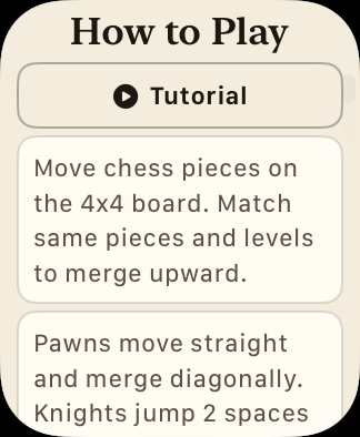 Apple Watch screenshot of Royal Merge showing the How to Play screen with a Tutorial button and rules for moving chess pieces on the 4x4 board