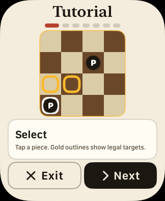 Apple Watch screenshot of the Royal Merge tutorial showing a 4x4 board, highlighted legal targets, and Select instructions