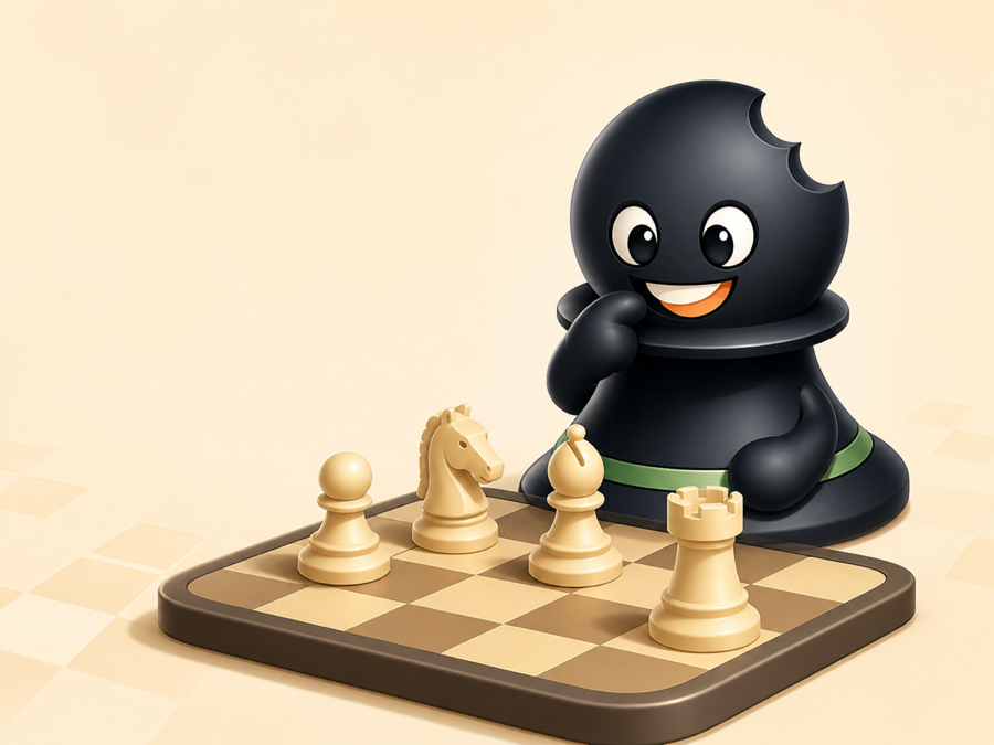 The Eat Chess mascot leaning over a chess board, studying the position