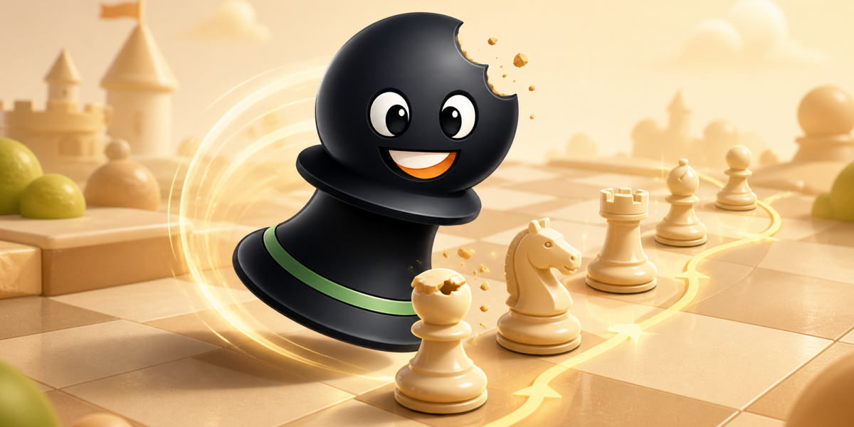 The Snack Attack mascot mid-capture, taking down a row of cream chess pieces in a single chain