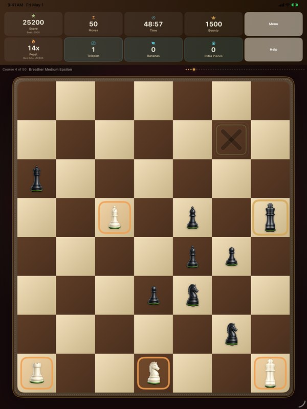 iPad screenshot of Eat Chess: Snack Attack mid-run in Blitz mode, with a busy 8x8 board, a 14x Feast multiplier, and a 25,200 score