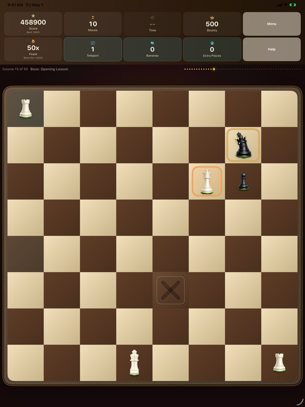 iPad screenshot of a Boss course in Snack Attack, with a near-empty board, a 50x Feast multiplier, and a 458,900 score