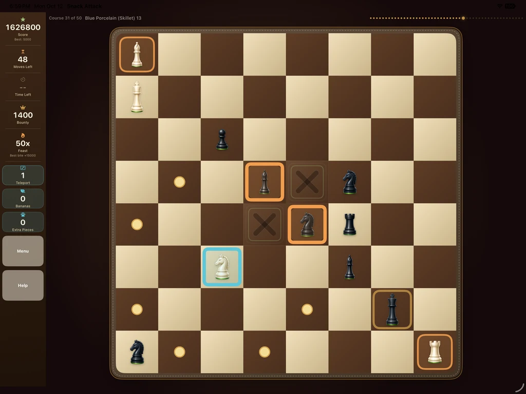 Snack Attack on iPad at course 31, with a selected knight among blocked squares and a 50x Feast multiplier