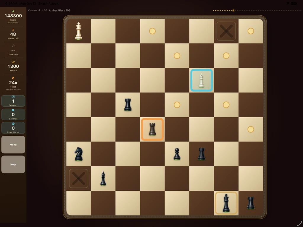 Snack Attack on iPad at course 12, with the bishop selected during a capture chain and a 24x Feast multiplier