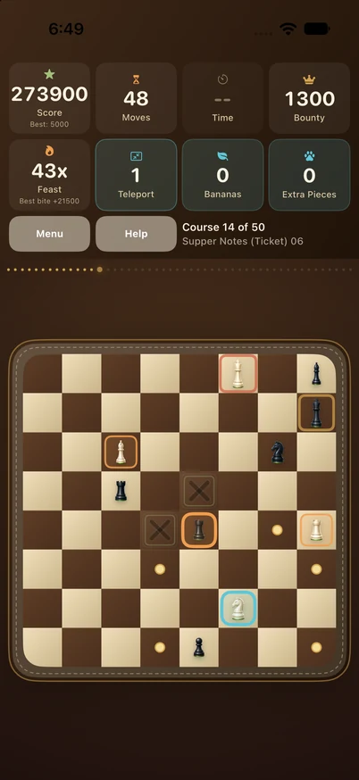 Snack Attack on iPhone at course 14, with a selected knight and a 43x Feast multiplier