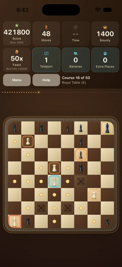 Snack Attack on iPhone at course 16, with the queen selected and a 50x Feast multiplier
