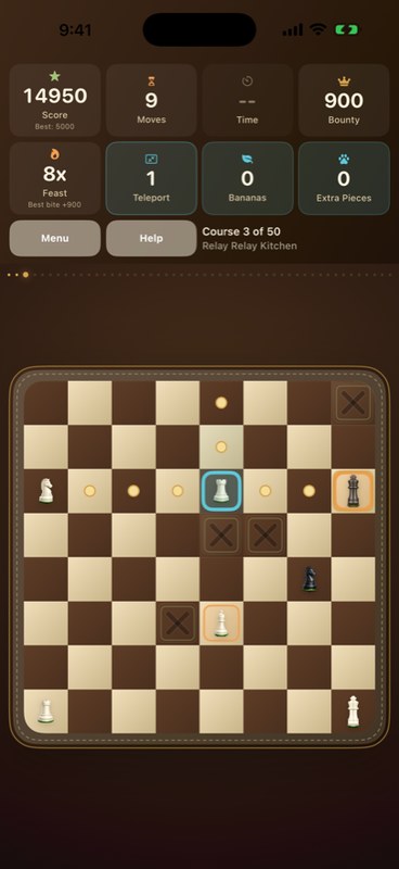 iPhone screenshot of Snack Attack showing a relay-style course with yellow trail dots, capture-target X squares, and a teleport-highlighted rook