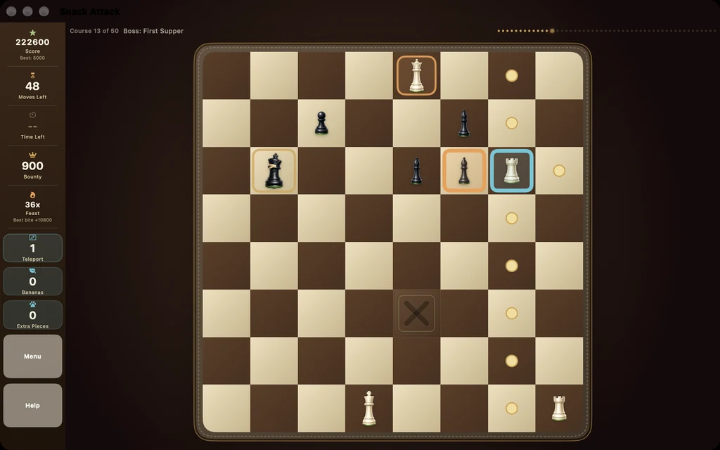 Snack Attack Plus on Mac at course 13, with a selected rook facing a damaged boss king